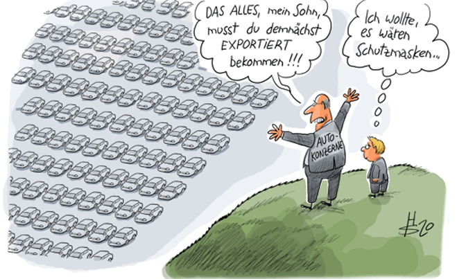 Karikatur: Mann mit "AUTOKONZERNE" zeigt seinem Sohn ein Meer aus Autos; Sohn denkt dabei an Schutzmasken.